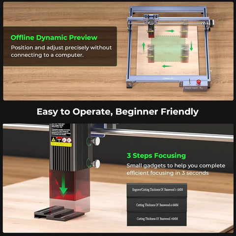 Falcon 10W Laser Engraver With Air Assist and Rotary Roller showing offline dynamic preview and easy three-step focusing system.