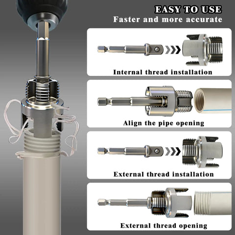 PVC Pipe Threader Kit With Internal And External Threaders One Half Inch Three Quarter Inch And One NPT Drill Bit Included Heavy Duty Carbon Steel Handyman Grade DIY Friendly Tool For Water Pipe Installations And Quick Solid Threads showing internal and external thread installation process on a pipe