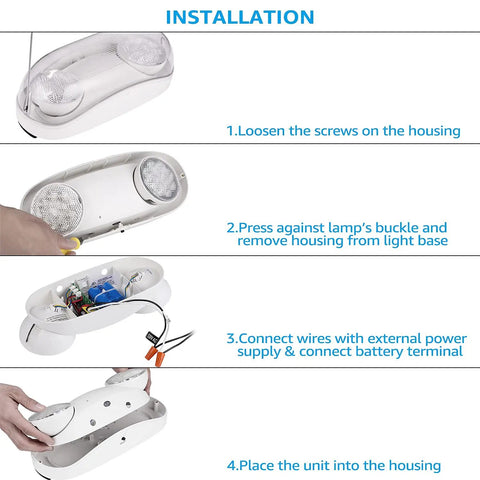 Installation guide for LED Emergency Light With Battery Backup, Wet Location Ready, 2 Adjustable Heads, UL Listed, IP65.