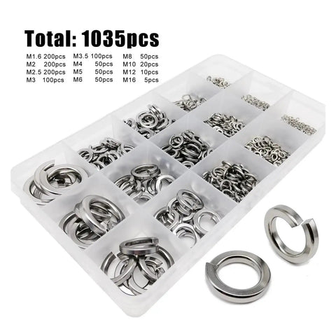 1035 Piece Heavy Duty Stainless Steel Spring Lock Washer Set For DIYers M1.6 M2 M2.5 M3 M3.5 M4 M5 M6 M8 M10 M12 M16 Elastic Gasket Included 304 Stainless Corrosion Resistant High Hardness Durable Fastener Washers in assorted sizes box