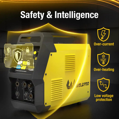 Omni210 All In One 200A 6 In 1 Multi-Process Welder with safety features highlighted
