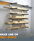 Six Level Wall Mounted Metal Lumber Rack For Garage Organization And Heavy Duty Wood Storage Shelf Pipe Holder Plywood Sheet Stand Optimizing Your Workspace In A Flash displaying wooden boards stacked on shelves.
