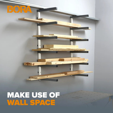 Six Level Wall Mounted Metal Lumber Rack For Garage Organization And Heavy Duty Wood Storage Shelf Pipe Holder Plywood Sheet Stand Optimizing Your Workspace In A Flash displaying wooden boards stacked on shelves.