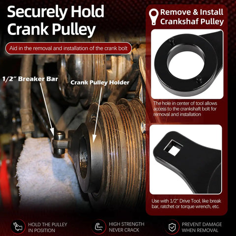 Crankshaft Damper Pulley Holding Tool For Toyota 3.4L V6 Engines Tacoma 4Runner T100 Tundra, showing installation use with breaker bar