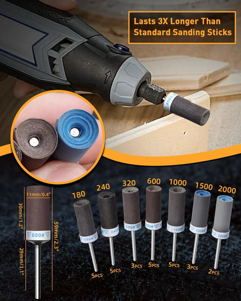 Front view of Amazon 28-piece sanding drum sticks set for Dremel, 1/8 inch shank, grits 180–2000.