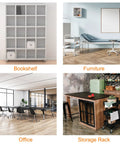 Collage of four images showing a bookshelf, office furniture, storage rack, and office space with modern design and furnishings.