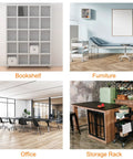 Image of various modern furniture styles, including a bookshelf, office setup, and storage rack on hardwood floors.