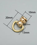 Brass ball-stud rivet with D-ring and screws; rotatable head, 20x10mm, 2 pcs