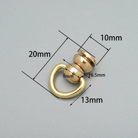 Brass ball-stud rivet with D-ring and screws; rotatable head, 20x10mm, 2 pcs