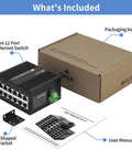Package contents of Rugged Industrial 12 Port Gigabit Ethernet Switch Unmanaged Outdoor Network Switch with bracket and manual