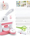 Make Awesome Button Maker Machine Kit Creates 55 Mm And 35 Mm Badges With Sturdy Metal Pressing Mechanism Includes Thirty Six Buttons Six Magnets Six Keychains Plus Cutter Scissors Portable Chill DIY Fun For The Squad At Home Or On The Road. Pink button maker kit with 55mm and 35mm parts, scissors, cutter, magnets, and keychains