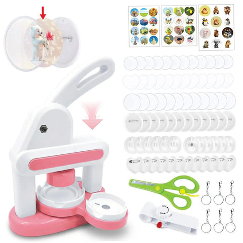 Make Awesome Button Maker Machine Kit Creates 55 Mm And 35 Mm Badges With Sturdy Metal Pressing Mechanism Includes Thirty Six Buttons Six Magnets Six Keychains Plus Cutter Scissors Portable Chill DIY Fun For The Squad At Home Or On The Road. Pink button maker kit with 55mm and 35mm parts, scissors, cutter, magnets, and keychains