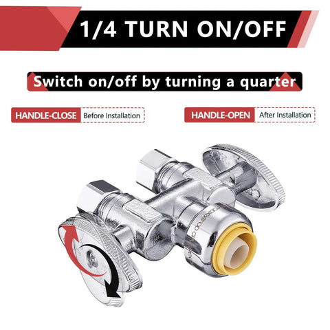 50-Piece Push-Fit One-Half Inch to Dual Three-Eighths Inch OD Compression Straight Stop Valve Set for Potable Water, One-Quarter Turn with Disconnect Clip Tool, Fits Copper PEX CPVC PE-RT, Lead-Free, Max 200 PSI. 1/4 turn shutoff valve