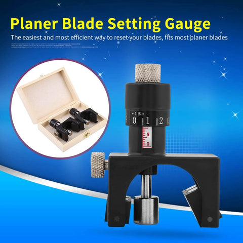 Magnetic Planer Blade Setting Jig Set Two Pack with adjustable gauge and wooden box for universal woodworking knife alignment.