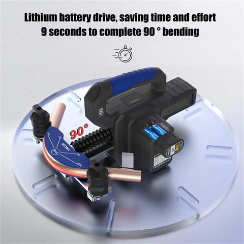 Nymfea Rechargeable Electric Pipe Bender For Refrigeration with lithium battery, designed for 90 degree bends on copper pipes.