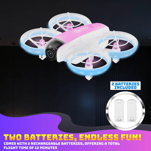 Compact Mini Drone With Built In Two Point Four Inch Screen Remote No App Needed 720P Dual Camera displayed with extra batteries