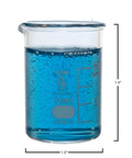 Griffin Low Form Beaker Set In 3.3 Borosilicate Glass Type I Class A With Double Metric Scale 10ml filled with blue liquid