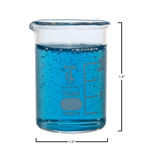 Griffin Low Form Beaker Set In 3.3 Borosilicate Glass Type I Class A With Double Metric Scale 10ml filled with blue liquid