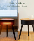 1500W PTC Ceramic Space Heater With Side Table, black, shown as heater and side table with a mug on top, in a room.