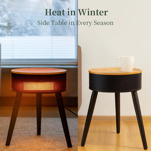 1500W PTC Ceramic Space Heater With Side Table, black, shown as heater and side table with a mug on top, in a room.
