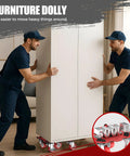 Two movers using Loyal Tiger 2000 Lbs Furniture Dolly Set with 6 Inch Wheels to lift a wardrobe in a living room.