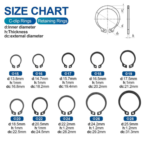 Size chart for Snap Ring Kit 145Pcs External Retaining Rings 15-28mm Carbon Steel Circlips Set
