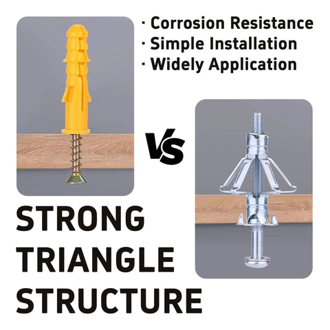 Comparison of yellow plastic anchor and 15 Pcs M4x32mm Heavy Duty Zinc Plated Steel Molly Bolt for drywall installation.