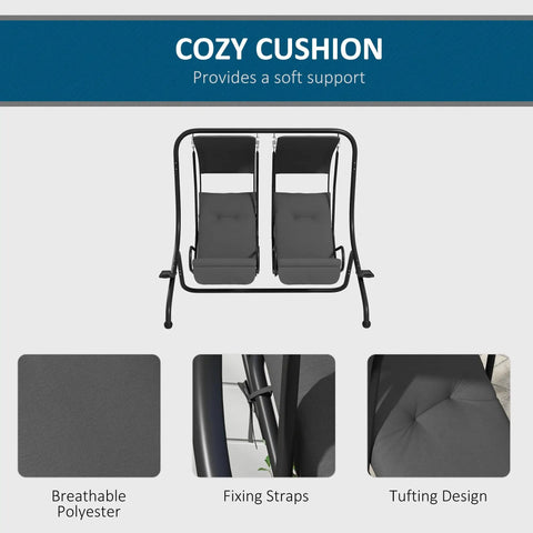 Two Seat Patio Swing Chair With Removable Canopy And Cup Holders For Porch, Garden, Poolside, And Backyard Gray Outdoor Swing with cozy cushion close-up