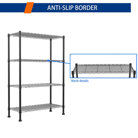 Straight Up Heavy Duty Metal Storage Rack With Adjustable Shelves For Kitchen Pantry Or Closet Black Stand showcasing anti-slip border and mesh shelves.