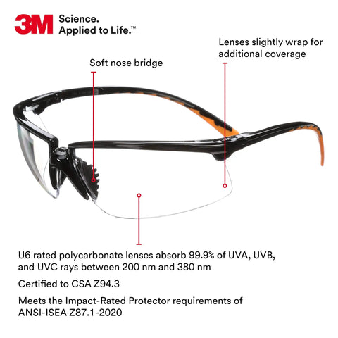 Privo Anti-Fog Safety Glasses With Black Frame, ANSI Z87 Rated Protective Eyewear, showing soft nose bridge and wraparound lenses.