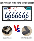 Legit Real Carbon Fiber License Plate Frame Glossy Black Auto Accessory comparison image showing real vs printed carbon fiber.