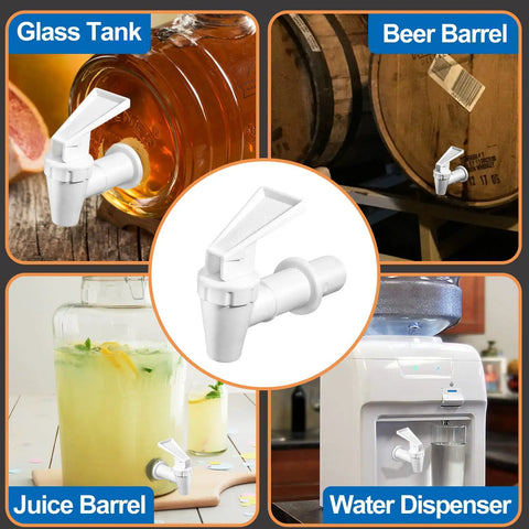 Pick Up Two White Replacement Cooler Faucets With Lock Nuts And Washers Easy Swap Water Dispenser Tap shown on various containers.