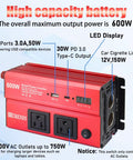 Kickass 600W Car Power Inverter Converts 12V DC To 110V AC With PD 30W USB C Port and dual AC plugs on display.