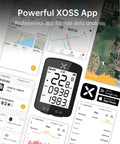 Gen2 GPS Bike Computer With Bluetooth, IPX7 Waterproof Build displaying screen of ride data, app integration visuals.