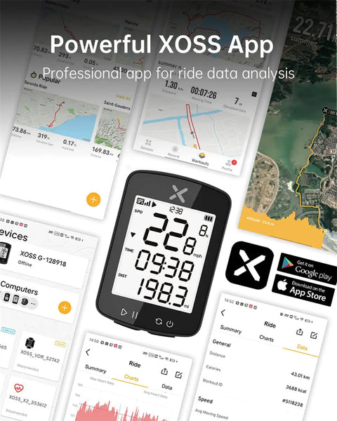 Gen2 GPS Bike Computer With Bluetooth, IPX7 Waterproof Build displaying screen of ride data, app integration visuals.