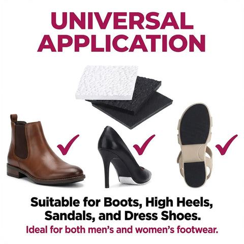 Shoes with rubber pads and caps, showing Six Piece Square Heel Repair Pads One Quarter Inch Thick Non Slip Rubber Soles For Boots And Shoes In Three Styles With Replacement Caps Protectors, Quiet Walking And Sturdy Grip.