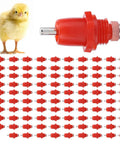 Real Deal 100 Pack Stainless Steel Poultry Water Nipplers With Heavy Duty Screw Mount Base For Backyard Chickens And Farm Flock Smooth Operation 360 Splash Free Drinking Auto Fill Setup with red nipple drinkers.