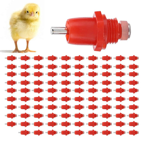 Real Deal 100 Pack Stainless Steel Poultry Water Nipplers With Heavy Duty Screw Mount Base For Backyard Chickens And Farm Flock Smooth Operation 360 Splash Free Drinking Auto Fill Setup with red nipple drinkers.