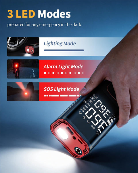 On The Go Cordless Tire Inflator Portable Air Compressor 150 PSI featuring 3 LED light modes for emergencies