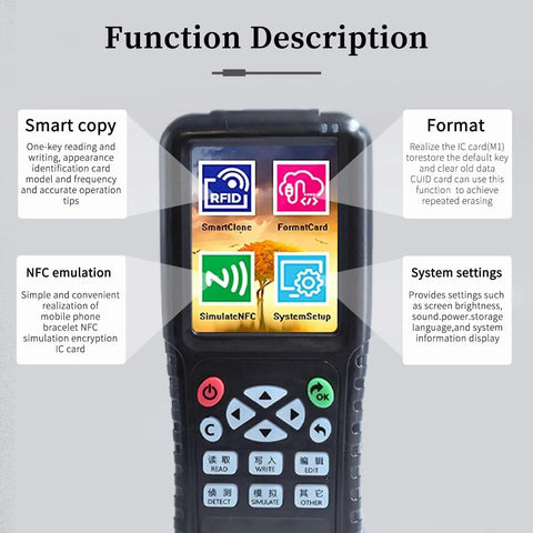 All In One Multi Frequency RFID Reader And Writer X100 showing interface for access control with smart copy, NFC options.
