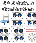 Heavy Duty Rubber Swivel Caster Wheels 8 Inch And 10 Inch Pack shown with various combinations on a cart for flexible use.