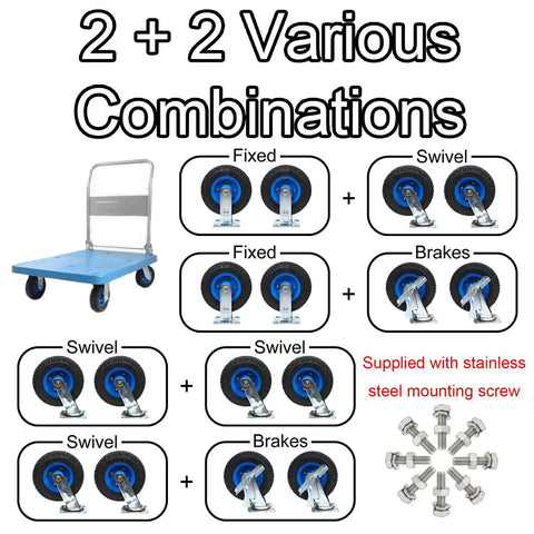 Heavy Duty Rubber Swivel Caster Wheels 8 Inch And 10 Inch Pack shown with various combinations on a cart for flexible use.
