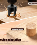 Top Notch Eight Piece Wood Plug Cutter Drill Bit Set Made From Tough Carbon Steel cutting a precise hole in wood.