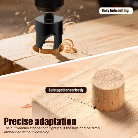 Top Notch Eight Piece Wood Plug Cutter Drill Bit Set Made From Tough Carbon Steel cutting a precise hole in wood.