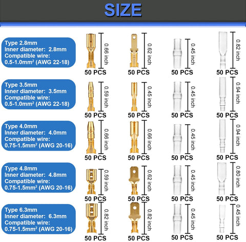 Chart displaying sizes of spade and bullet connectors in the Self Adjusting Wire Terminal Crimping Tool Kit For AWG 22 To 16