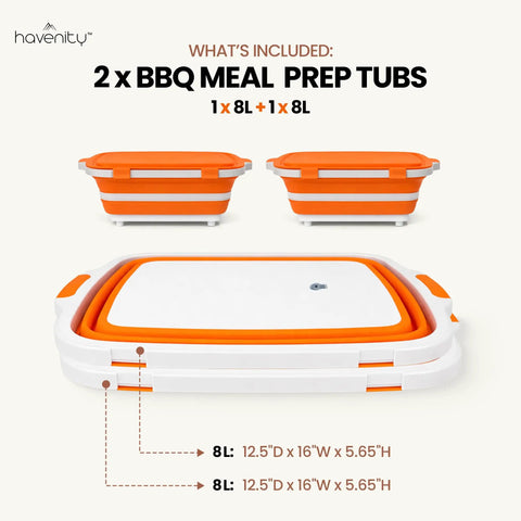 Two Pack 8L Collapsible BBQ Prep Tub With Upgraded Locking Lid Multifunction Camping Cutting Board And Meat Storage Container