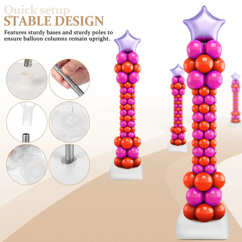 Balloon column stand kit with adjustable poles and stable bases; red, pink, and purple balloons with a purple star topper