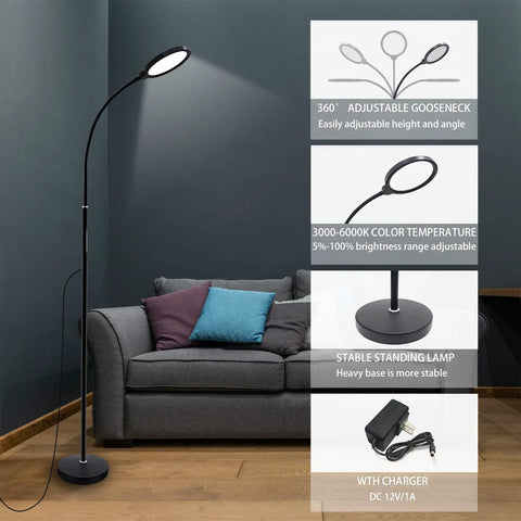 Flexible Gooseneck LED Floor Lamp With Remote, Dimmable Brightness And 3000K-6000K Color Temperature in modern living room.