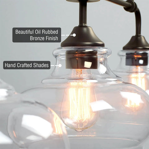 38 Inch 3 Light Modern Schoolhouse Island Light With Clear Glass Shades, Industrial Farmhouse Oil Rubbed Bronze Finish close-up