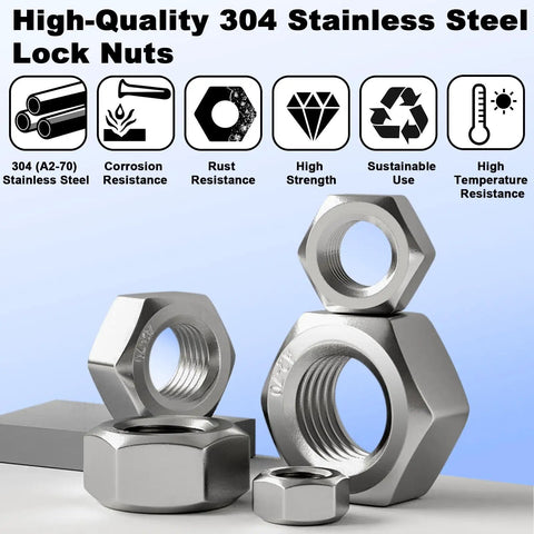Assorted Stainless Steel Hex Nuts Kit M3 M4 M5 M6 M8 M10 M12 145 Pieces 304 Stainless Steel Hardware Set for DIY Projects